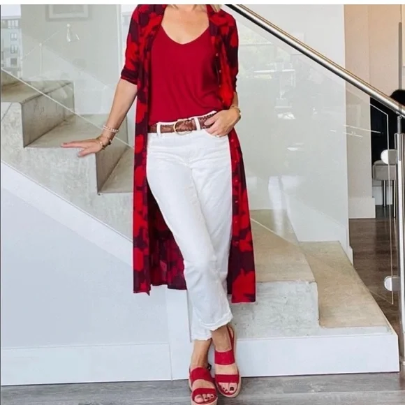 CAbi • “Fire & Ice” Red Floral Button Down Floral Midi Shirt Dress - Picture 4 of 14